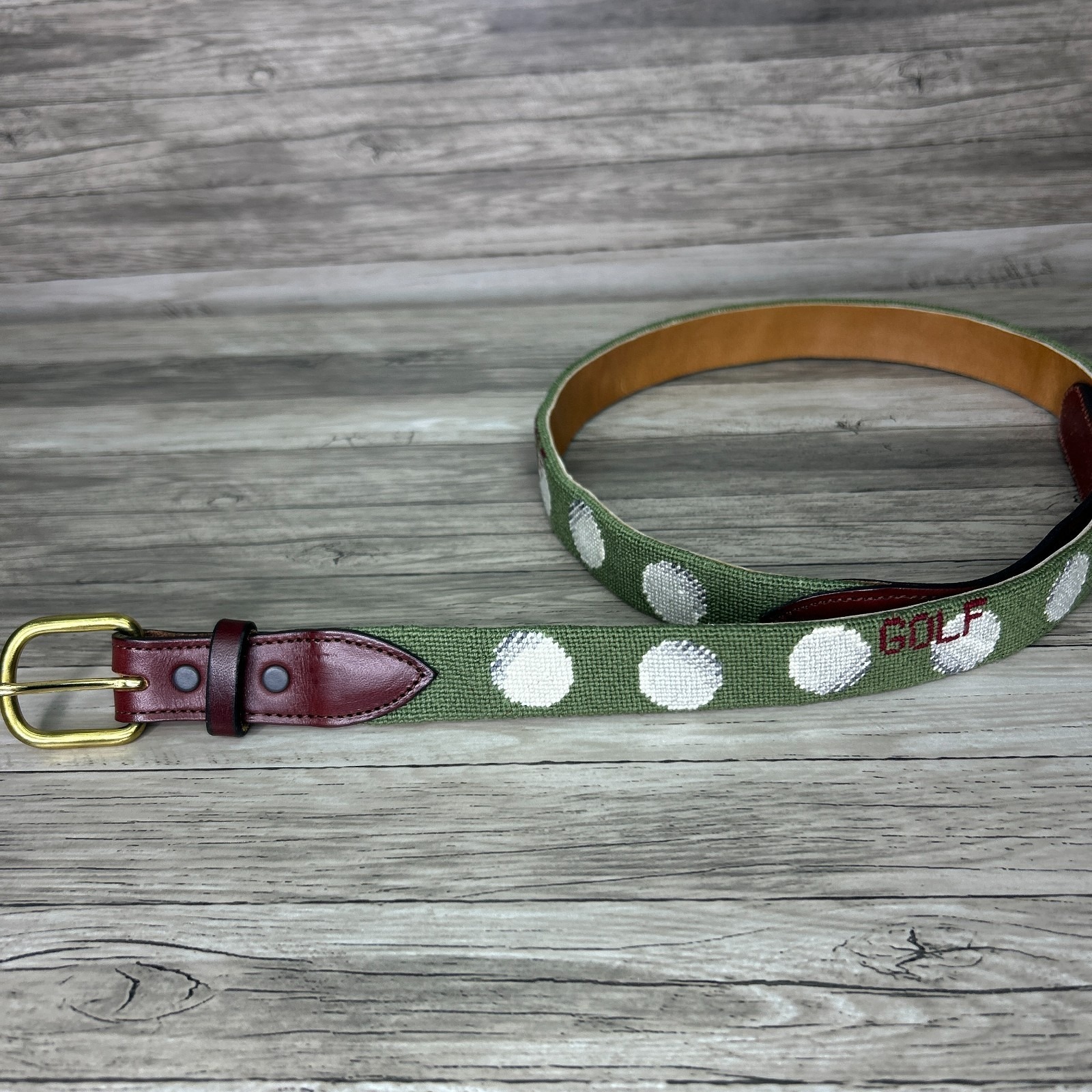 Needlepoint Golf Belt Size 39 Vintage Golf Balls Grandpa Green